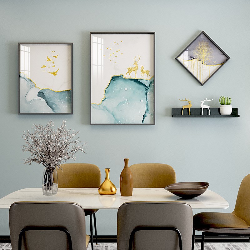 现代餐厅3c框晶瓷金箔福鹿铝合金装饰画置物架组合金属水晶膜画框图片