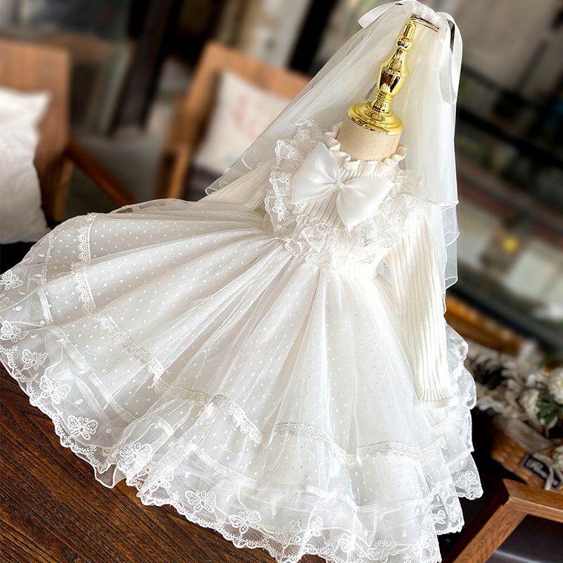 花童婚礼小女孩礼服春秋高端白色蓬蓬裙结婚送戒指女童婚纱公主裙