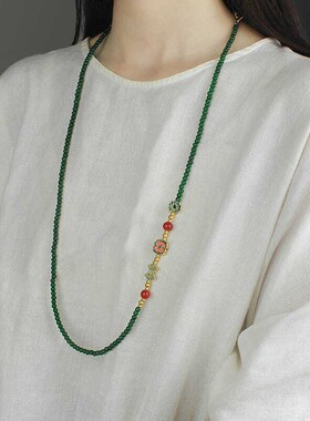 新中式长款祖母绿色圆珠项链多种戴法长款毛衣链小众气质锁骨链女