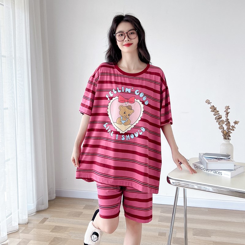 卡通印花加d大码睡衣女条纹胖mm200斤纯棉夏季薄款短袖家居服套装