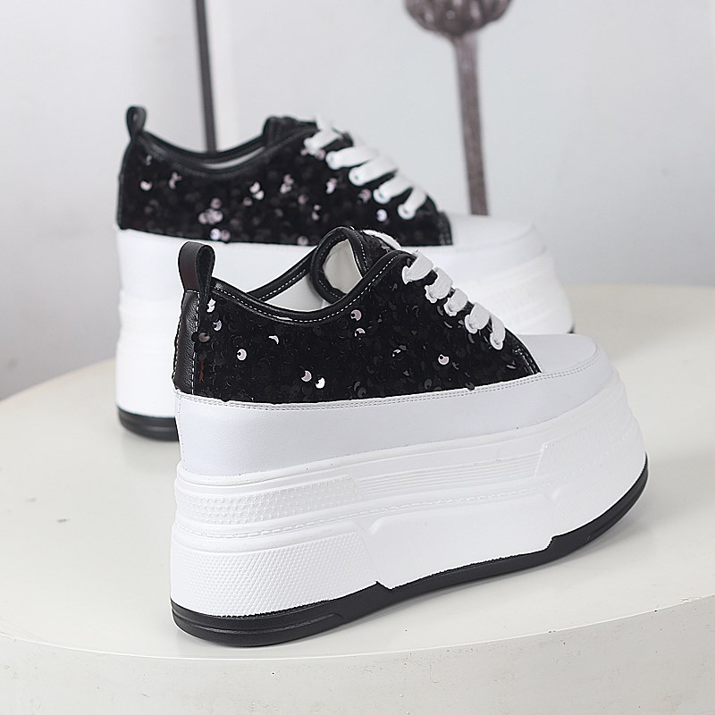 2025夏季低帮坡跟厚底松糕小白鞋亮片系带超高跟内增高12CM休闲鞋