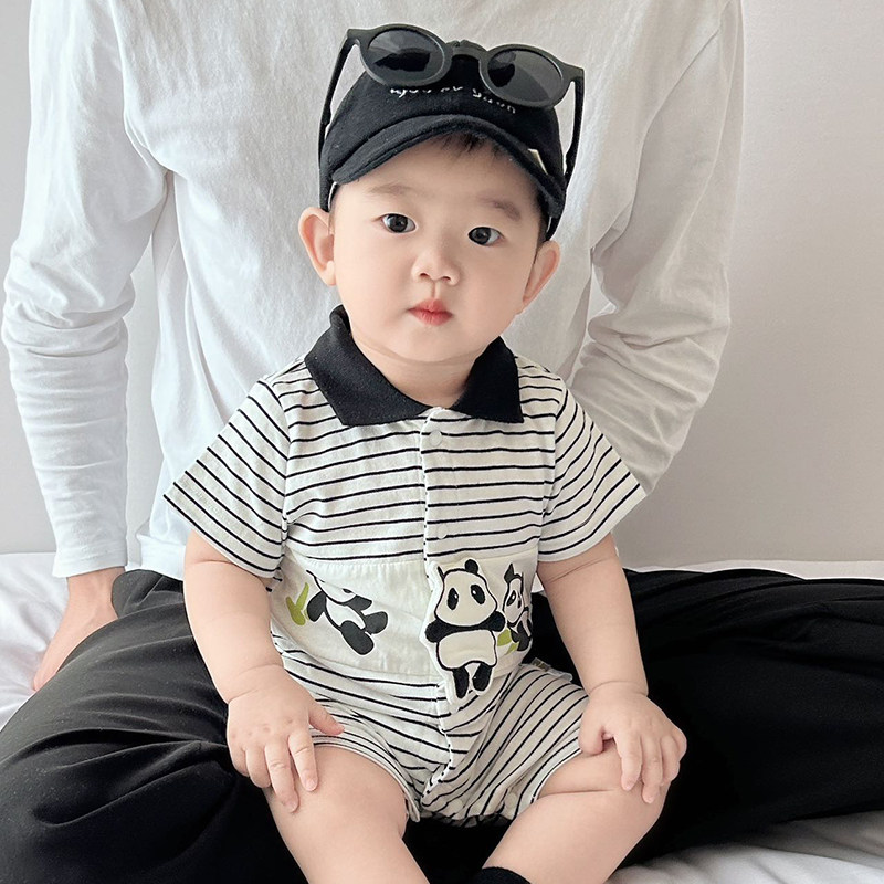 韩版婴儿夏季连体衣薄款哈衣爬服男宝宝条纹包屁衣婴幼儿夏装短爬