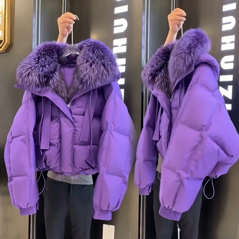 欧货2024新款高级感炸街超好看紫色大毛领短款羽绒棉服外套女冬季