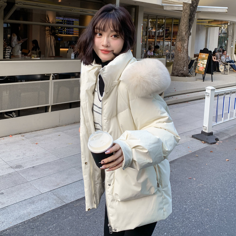 韩版时尚休闲加厚中长款羽绒服女2024年新款冬季小个子大毛领外套