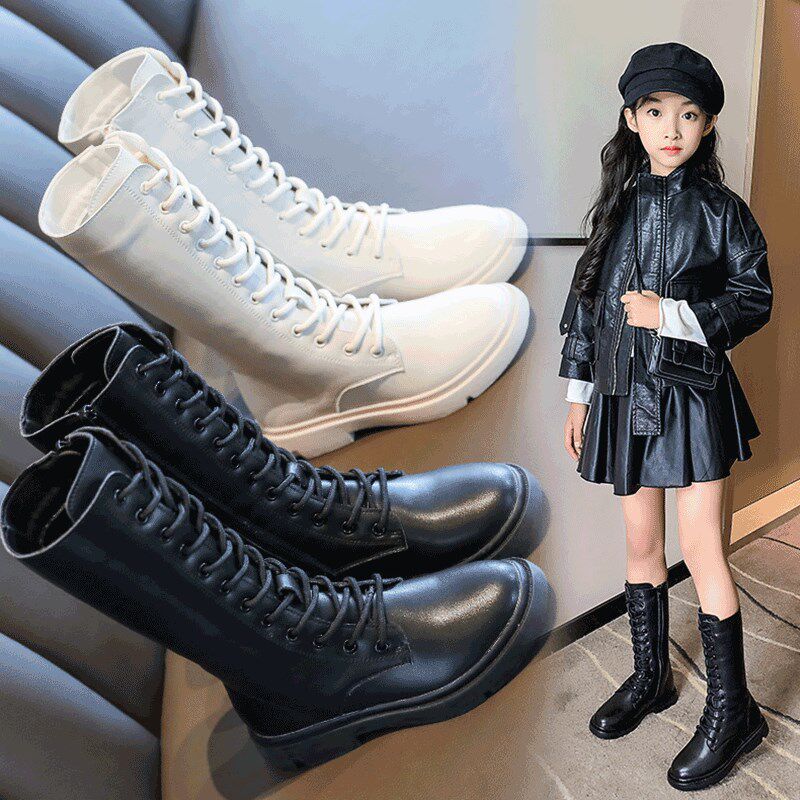 儿童靴子女童马丁靴新款2023秋冬季学院风单鞋中长版皮靴高筒长靴