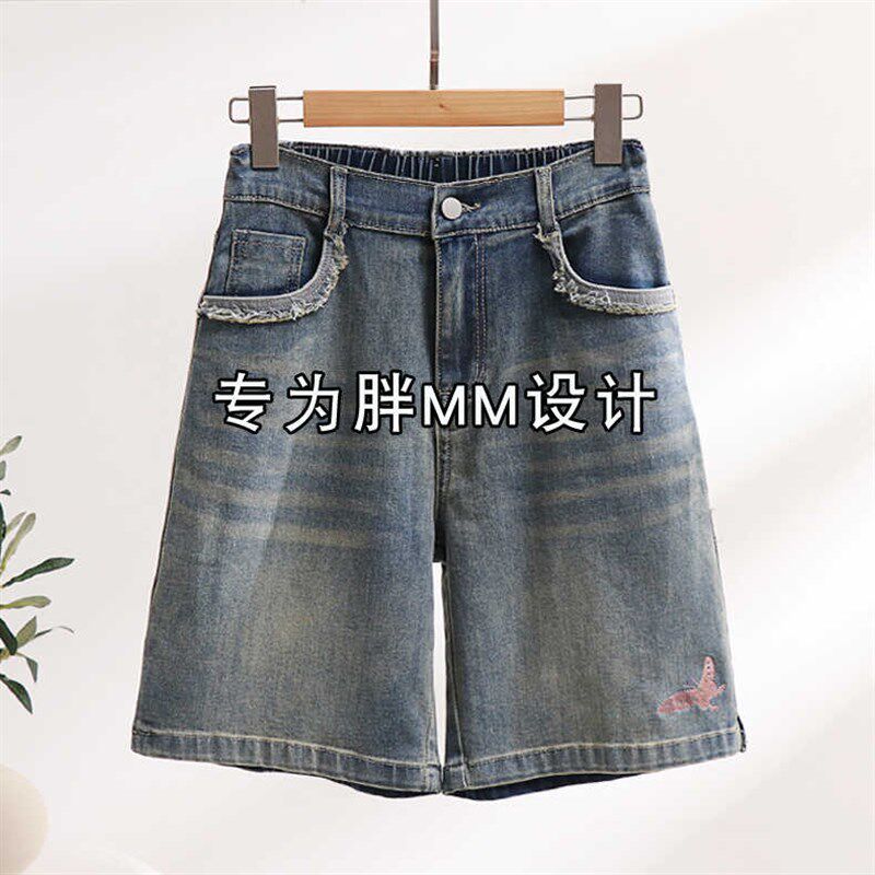 夏季薄款牛仔短裤女大码胖MM弹力宽松五分裤胯宽大腿粗高腰阔腿裤