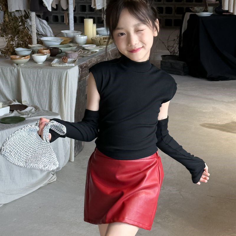女童半高领露肩打底衫2024秋装儿童洋气露肩长袖皮裙半身裙套装