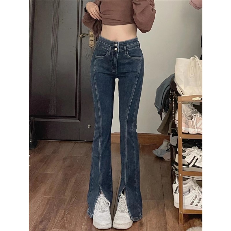 弹力开叉牛仔裤女直筒秋冬加绒修身显瘦大码胖mm高腰微喇阔腿裤子