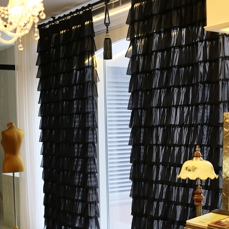 黑色窗帘蛋糕层装饰衣帽间卧室双开帘隔断沙帘网红款阁楼蕾丝纱帘