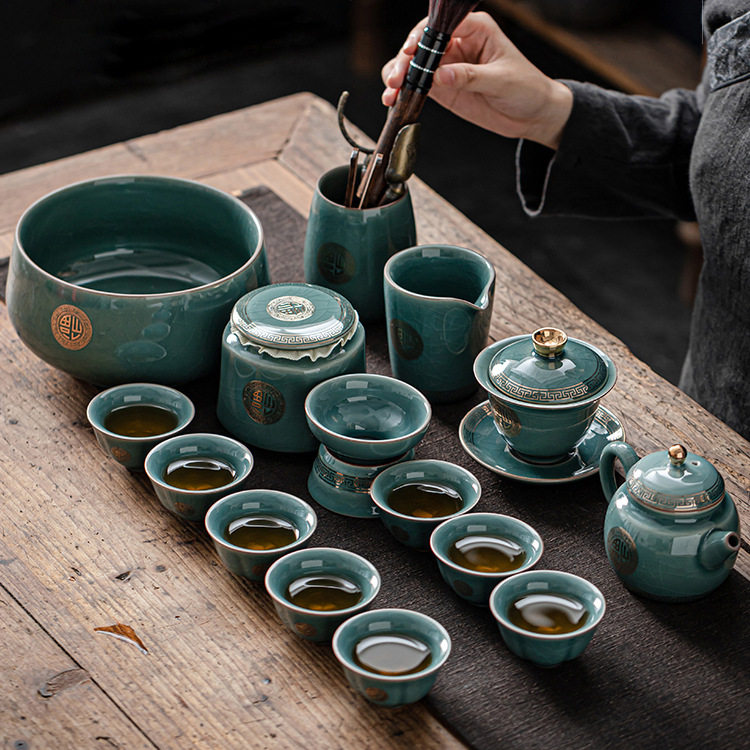 陈培明大师哥窑茶具套装家用中式冰裂开片可养泡茶壶盖碗茶杯高档