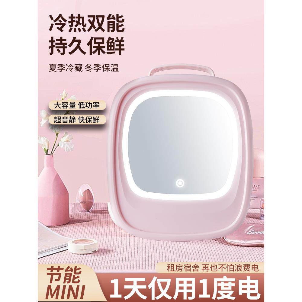 外贸款迷你冰箱车家两用镜面LED灯美妆冷热迷你便携式小冰箱