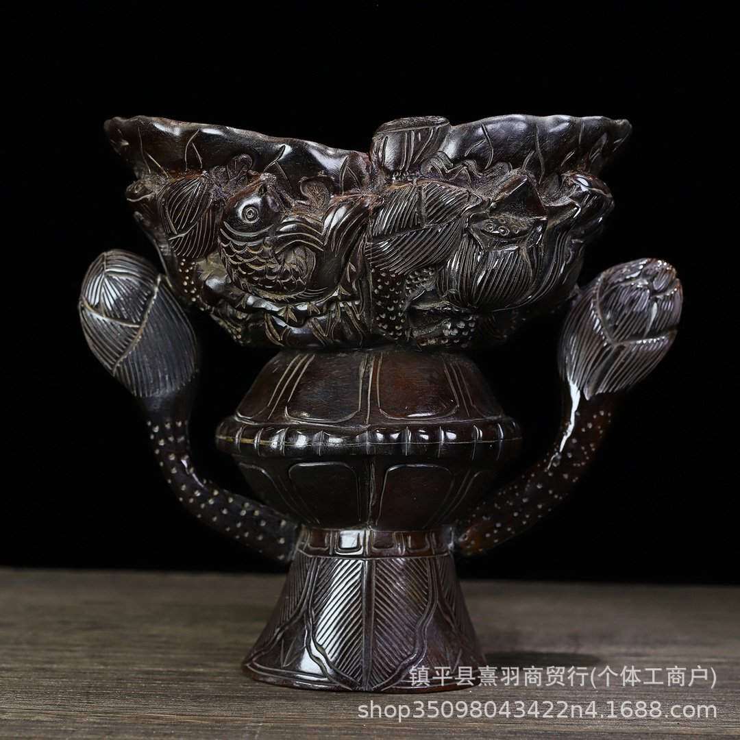 工艺品高仿牛角雕刻螭龙杯将军杯摆件高仿馆藏拍卖款直播带货