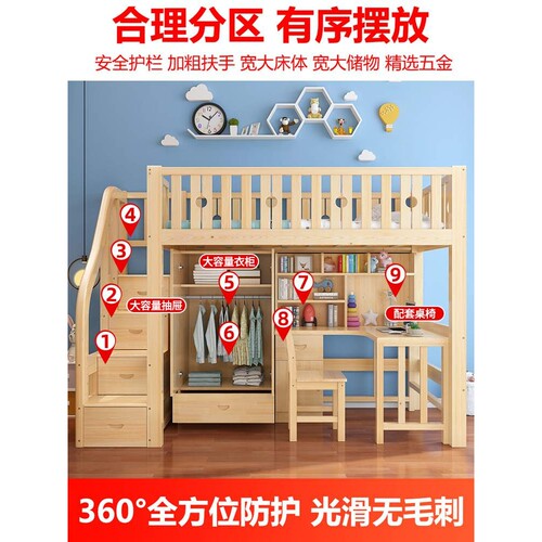 儿童上床下桌高架床多功能组合双层床上下床一体带书桌衣柜高