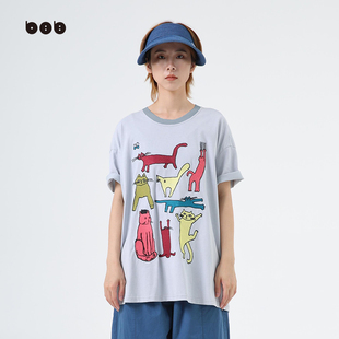 上衣宽松 女表情系列喵星人复古日系小众设计感短袖 白目自女装 T恤