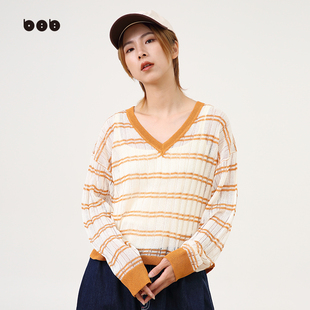 新品 T恤女2024春装 白目自条纹长袖 宽松显瘦气质内搭t 商场同款