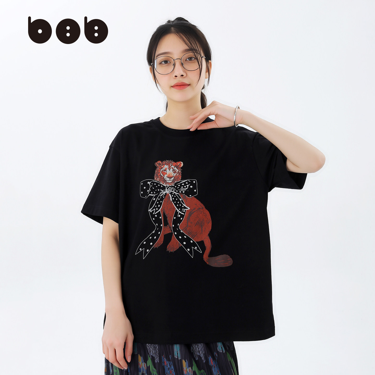 白目自.X原创设计遮肉显瘦波点蝴蝶结老虎T恤女夏黑色短袖上衣潮