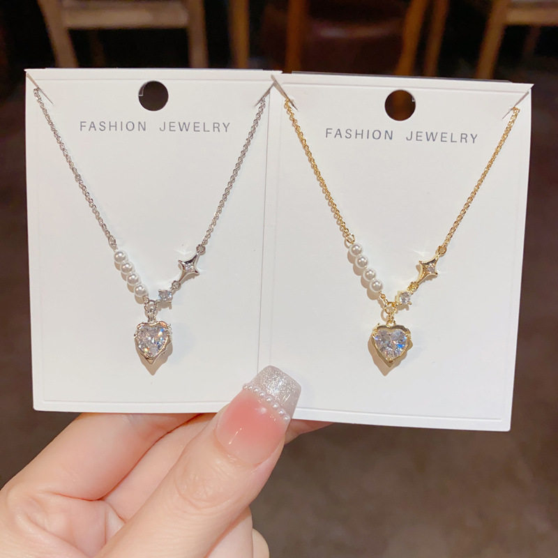 夏季新款甜酷爱心拼接项链女轻奢小众设计高级感珍珠锁骨链颈链