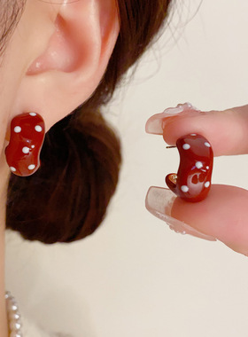 s925银针安可拉红色波点C形耳钉气质时尚简约百搭秋冬新款耳环女