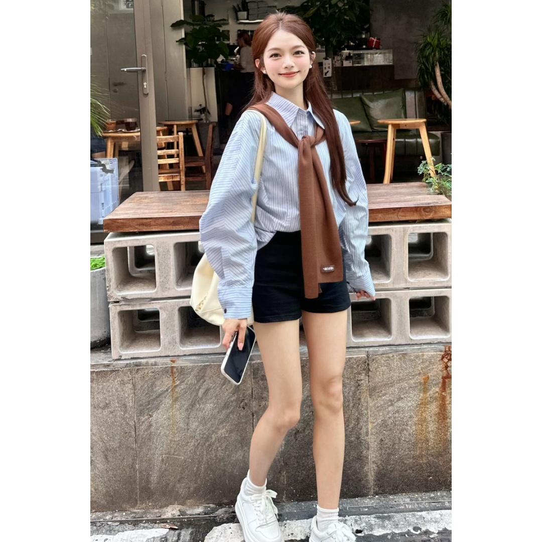 韩系条纹长袖衬衫针织披肩两件套
