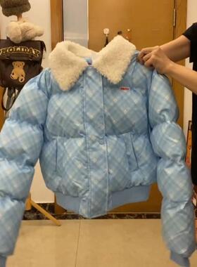 韩系时尚复古减龄设计拼接羊羔翻领短款百搭保暖蓝色格纹棉服冬季