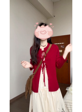 秋季新款韩系时尚减龄复古红色针织开衫毛衣+贴布绣半身裙女套装