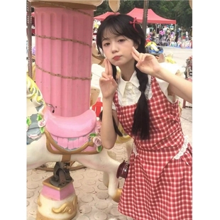 短裙 小个子甜美学院风设计感红色格子假两件连衣裙女学生夏日新款