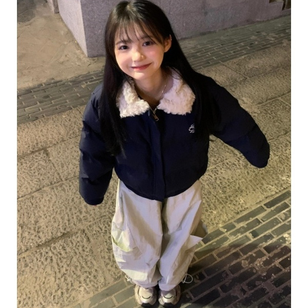 美式复古毛领拼接短款棉服外套