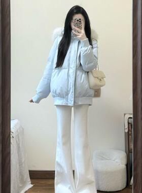 冬季新款韩系甜美清新少女感设计休闲百搭保暖毛领连帽蓝色棉服女