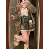 纹长袖 甜辣学院风格 衬衫 吊带上衣 半身裙显瘦三件套 秋季 短款 新款