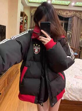 国潮时尚徽章撞色三条杠黑色立领棉服外套女2025冬宽松百搭面包服