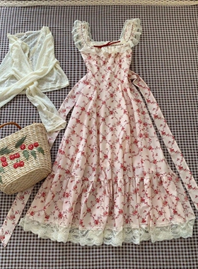 夏日新款法式复古红色碎花吊带连衣裙套装长袖防晒开衫一整套女装