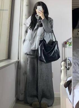 韩系学院慵懒休闲宽松复古加厚棉服马甲+灰色开衫+阔腿裤女三件套