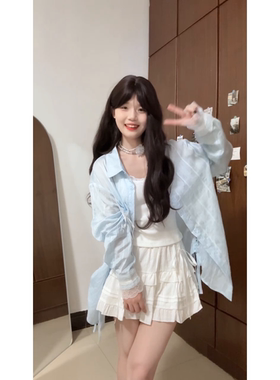 小清新蕾丝拼接蓝色衬衫+吊带上衣+甜美半身裙女生夏日新款三件套