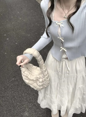 小个子温柔穿搭一整套装蝴蝶结假两件拼接披肩针织衫白色半身裙女