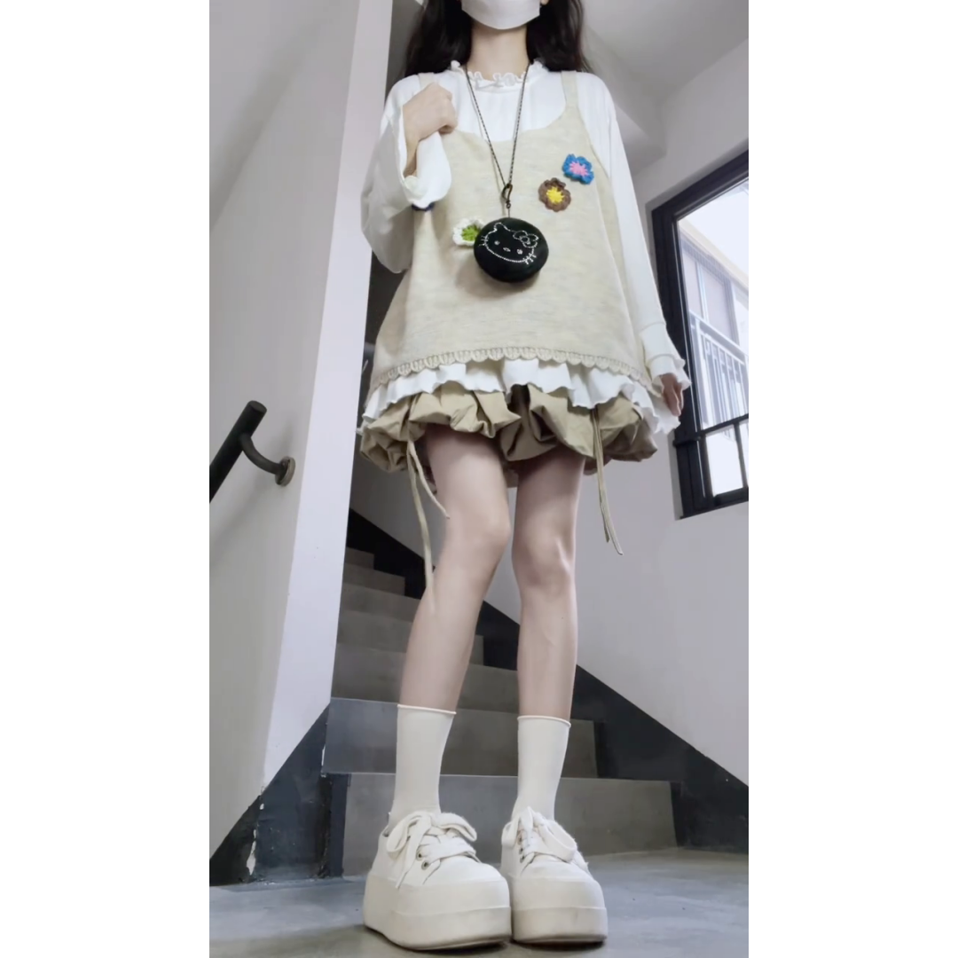 小花针织背心马甲翻领衬衫套装