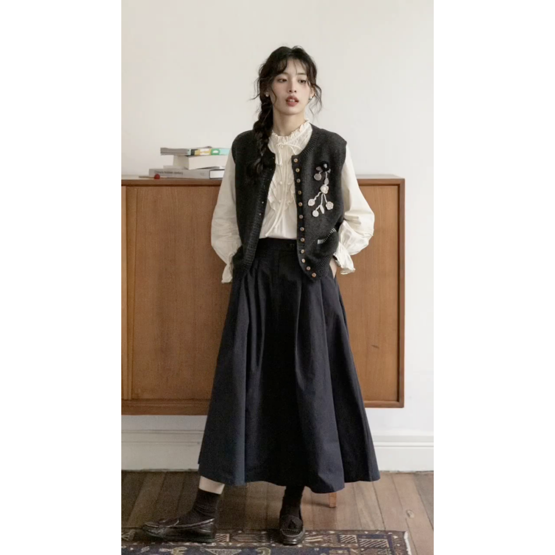 开衫针织马甲长袖衬衫半身裙套装