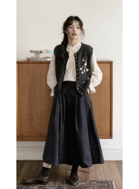 韩版复古叠穿一整套开衫针织马甲白色长袖衬衫百搭高腰半身裙冬季