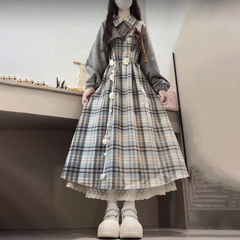 法式学院风减龄收腰显瘦复古格纹背心连衣裙女学生+灰色上衣套装