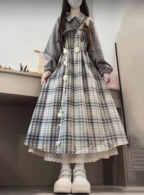法式学院风减龄收腰显瘦复古格纹背心连衣裙女学生+灰色上衣套装