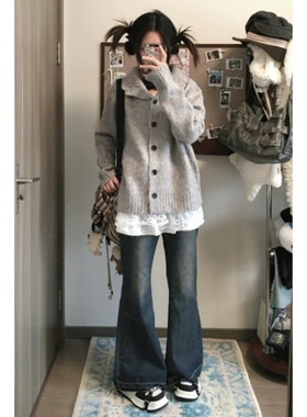 美式复古慵懒风翻领灰色针织开衫小个子新款百搭白色蕾丝吊带套装