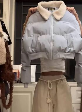 新款美式复古冬季羊羔毛翻领蓝色棉服小个子女学生百搭保暖面包服