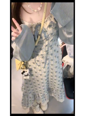 法式温柔少女复古小飞袖清新碎花连衣裙蓝色休闲开衫披肩两件套装
