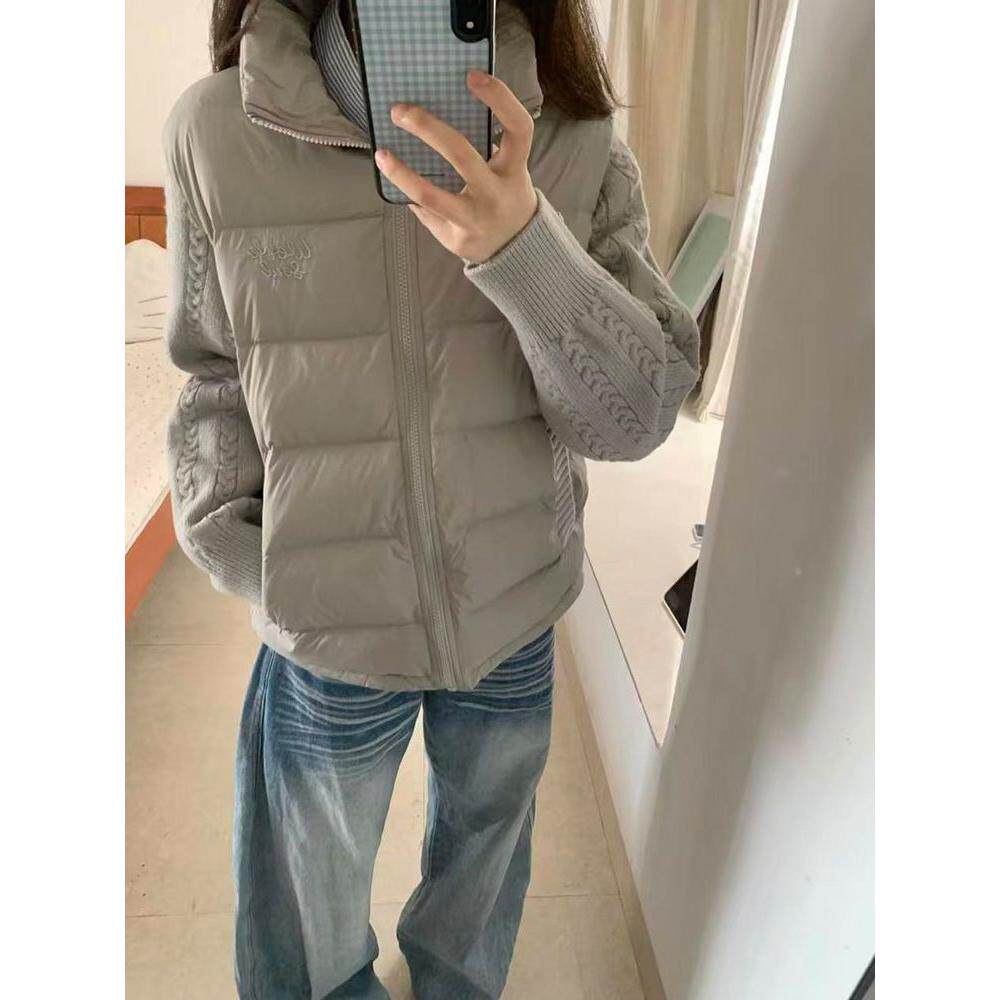 韩系时尚复古撞色麻花针织拼接立领棉服外套秋冬季百搭防寒棉衣女