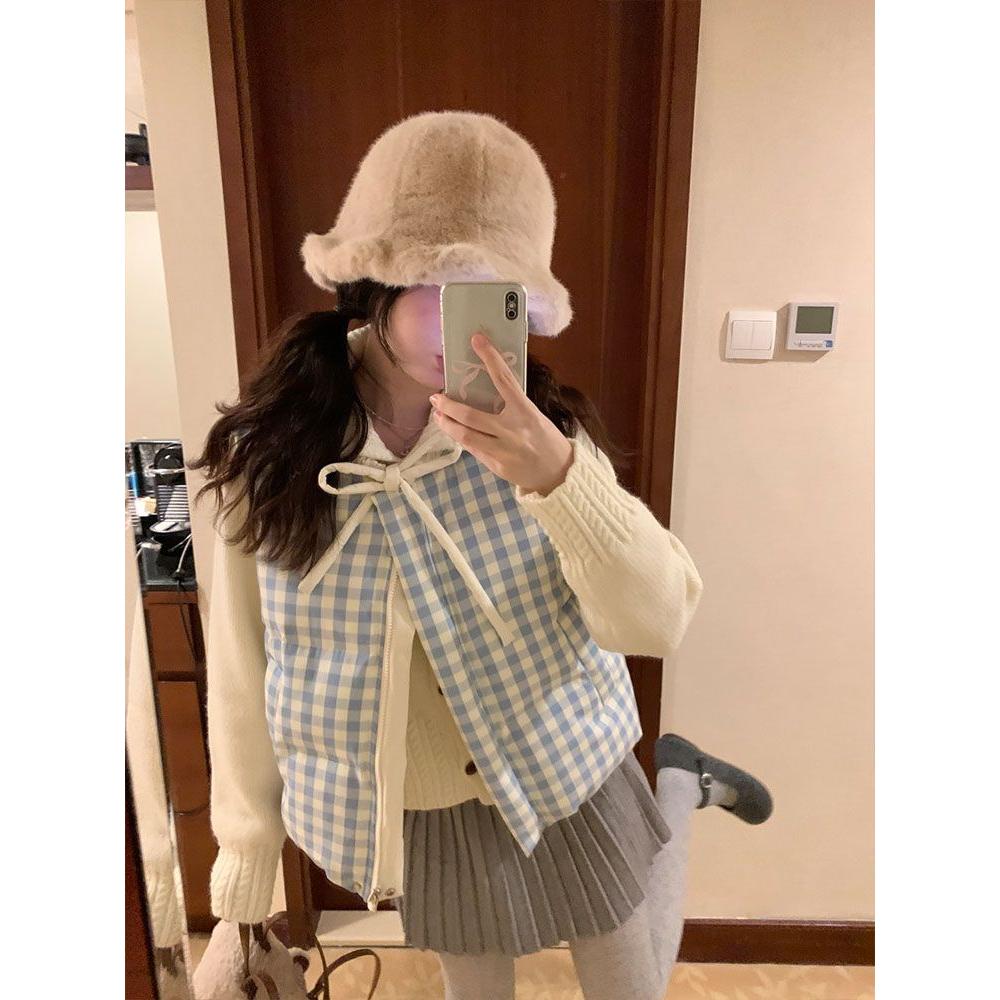 两件/套装休闲百搭蓝色格子棉服马甲女学生叠穿杏色毛衣秋冬新款