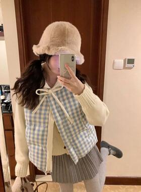 两件/套装休闲百搭蓝色格子棉服马甲女学生叠穿杏色毛衣秋冬新款