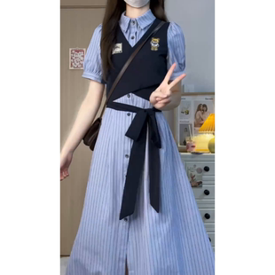 法式 假两件polo领长裙 学院风收腰条纹衬衫 连衣裙女学生夏季
