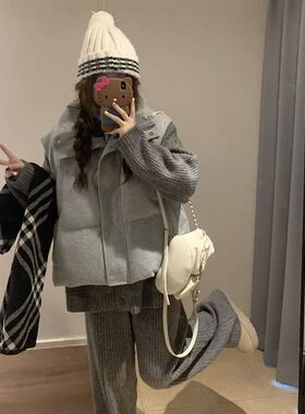 秋冬新款韩系慵懒风休闲宽松复古棉服马甲女+灰色毛衣+裤子三件套
