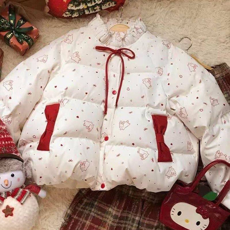 甜美学院风可爱小兔印花蝴蝶结设计加厚棉服女冬季新款保暖面包服