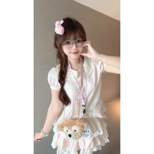 设计感小众拼接娃娃领上衣搭配蛋糕半身裙 夏日甜美学院风减龄套装