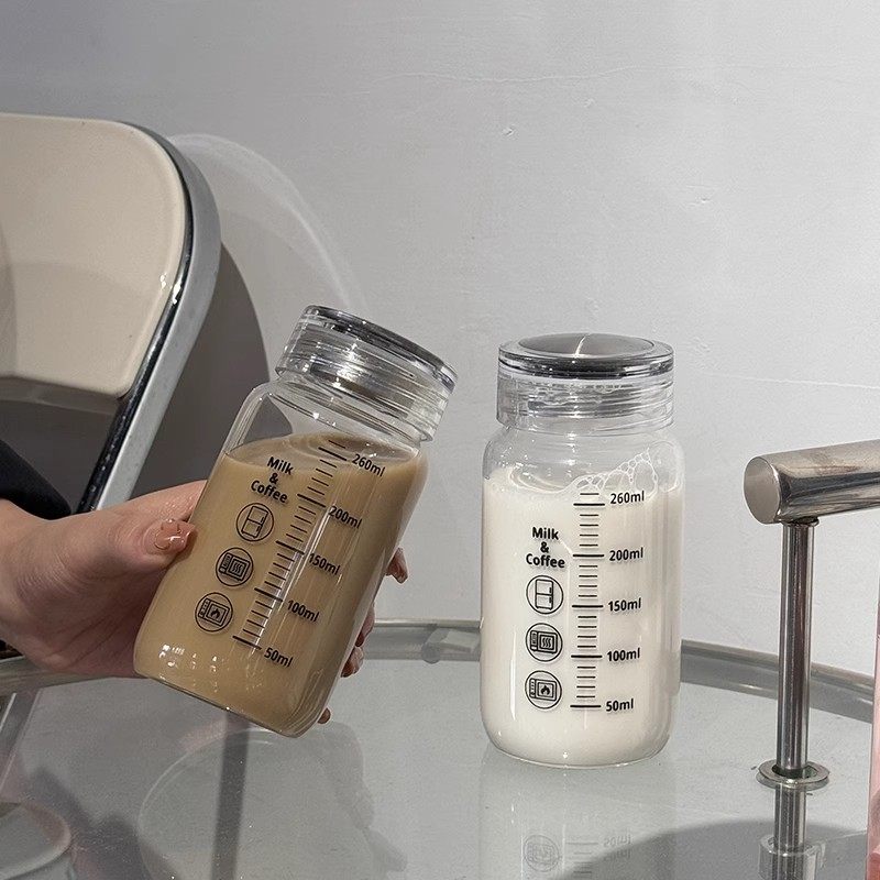 日本进口牛奶杯便携外带学生咖啡杯豆浆杯随身玻璃杯微波刻度水杯